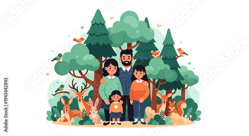 Family standing together in forest surrounded by trees and wildlife happily outdoors