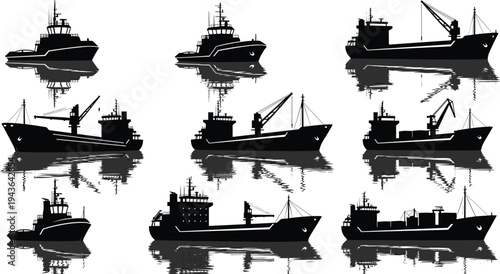 Ship silhouettes collection, maritime vessel illustration, cargo ship design, tugboat art, marine transportation icons, nautical reflection artwork, ocean industry symbols
