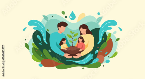 Family nurturing a young plant together outdoors