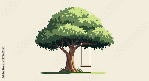 A tree with a swing hanging from one of its branches in the park