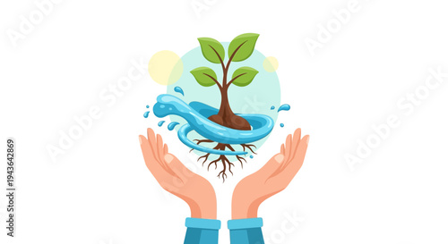 Hands cradling a young plant with flowing water and roots, symbolizing growth and nurturing forty