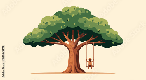 A child plays on a swing under a large green tree outdoors.