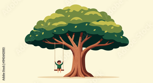 A child happily swings on a rope swing under a large tree with lush green leaves in a park.