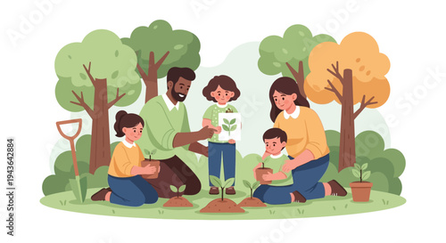 Family planting trees together outdoors in a park for Earth Day 