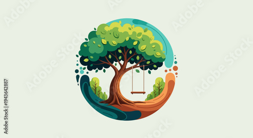 Vibrant illustration of a tree with a swing in a hand, surrounded by lush greenery and abstract shapes, symbolizing eco-friendly moments.