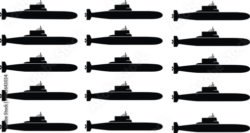Military Submarine Silhouettes Collection with Different Underwater Naval Vessels and War Submarines Icons Isolated on White Background Vector Illustration