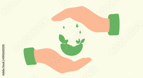 Hands cradling a green globe with leaves and water droplets, symbolizing eco-friendly care and protection.