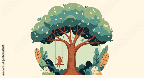 A child happily swings on a rope swing under a large tree in a forest.