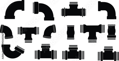 Plumbing pipe fittings silhouettes set, water pipeline connectors, elbows and tee joints plumbing equipment vector illustration isolated on white