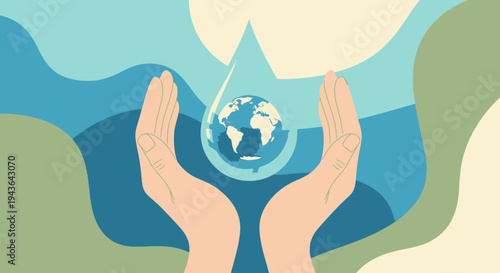 Hands cradling Earth within a water droplet