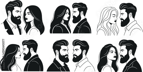 Minimalist couple illustration artwork, bearded man and woman portrait, black and white design, intimate relationship concept, artistic human interaction drawing