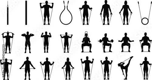 Resistance band exercise silhouettes collection, fitness workout training poses with elastic bands, strength training gym routine vector illustration set