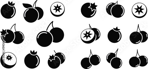 Berry and cherry fruit silhouette icon collection, minimal black vector set with whole fruits, slices and pairs isolated
