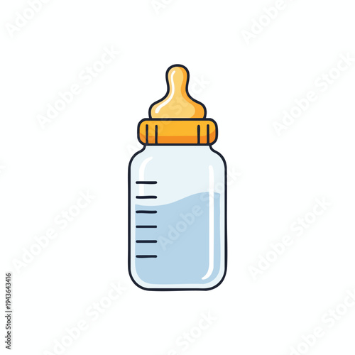 A simple illustration of a baby bottle with markings and liquid
