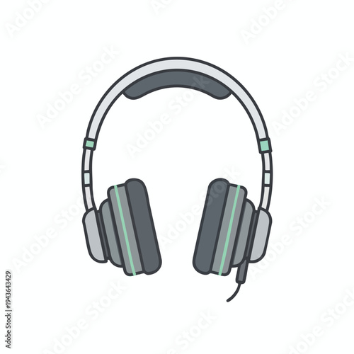 A simple, flat illustration of over-ear headphones in gray, black, and mint green
