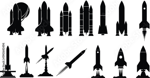 Rocket and space shuttle launch vehicle silhouettes collection, aerospace spacecraft and missile launch icons vector illustration isolated on white