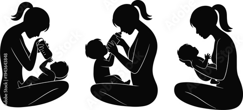 Silhouette Vector Illustration of a Mother Bottle Feeding her Newborn Baby and Cradling Infant in Three Different Poses Isolated on a White Background