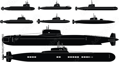 Submarine silhouettes collection, military naval underwater vessels set, submarine warship icons isolated, maritime defense transport vector illustration on white background