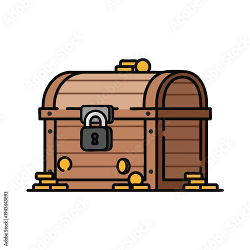 A locked wooden chest with gold coins scattered around it