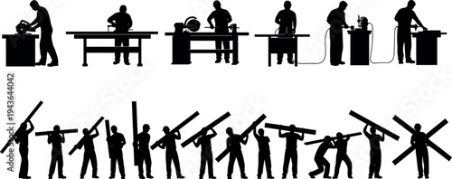 Industrial worker silhouettes set with carpentry tools, cutting machine operators and laborers carrying wooden beams, manufacturing and construction workshop activity isolated on white background