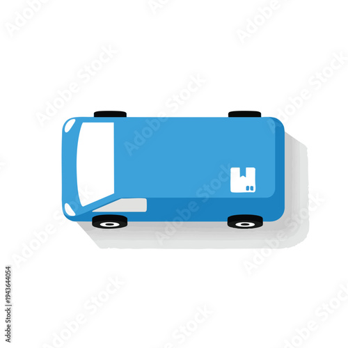 Top-down view of a blue delivery van with a box icon on its side