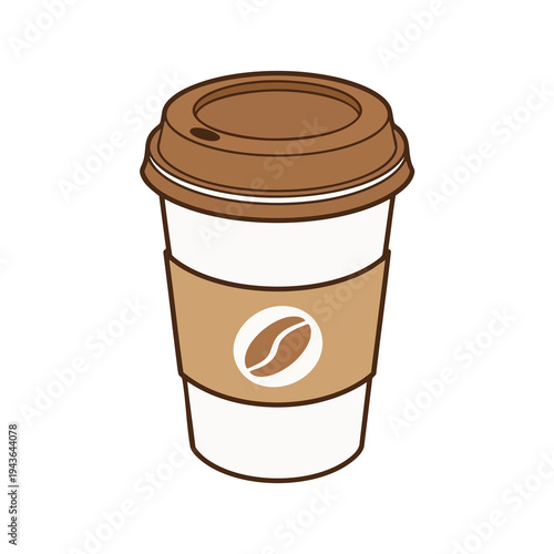 A brown-capped white paper cup with a brown sleeve featuring a coffee bean emblem