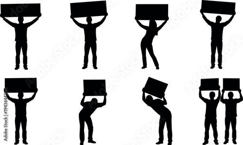 People holding sign board silhouette set with men and woman lifting blank banner overhead, protest sign, advertising board or message display isolated on white background