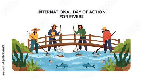 Illustration of people protecting a river on International Day of Action for Rivers with a conservation concept and freshwater protection awareness.