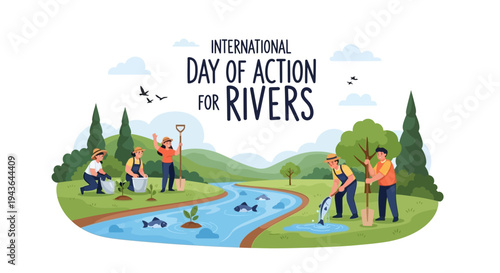 Illustration of people protecting a river on International Day of Action for Rivers with a conservation concept and freshwater protection awareness.