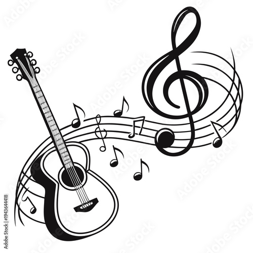 Acoustic guitar with flowing musical notes and treble clef, representing lively music, performance, and creative expression