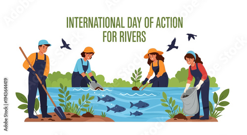 Illustration of people cleaning a river with fish and plants, promoting river conservation and freshwater protection on International Day of Action for Rivers.