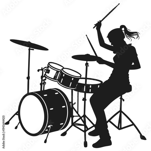 Silhouette of a woman drummer playing a drum set with drumsticks creating rhythmic beats on cymbals and snare drums for music performance live concert or studio recording session