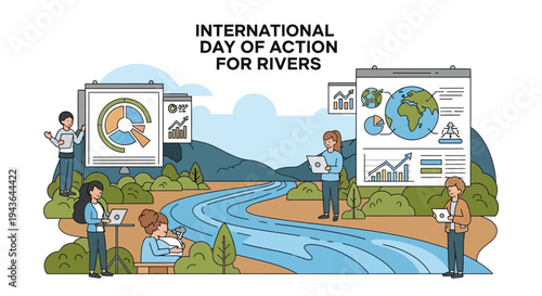 Illustration of people presenting river conservation concepts on large screens near a winding river on International Day of Action for Rivers, promoting freshwater protection and ecosystem