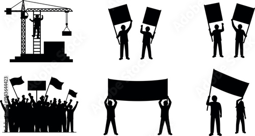 Protest and construction silhouette set with workers, crane operator, crowd demonstration, people holding blank banners and flags for activism or labor movement isolated on white