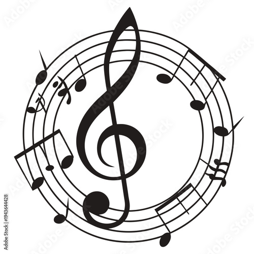 Abstract circular music notation with treble clef and varying note lengths creating dynamic flow for creative artistic and educational presentations