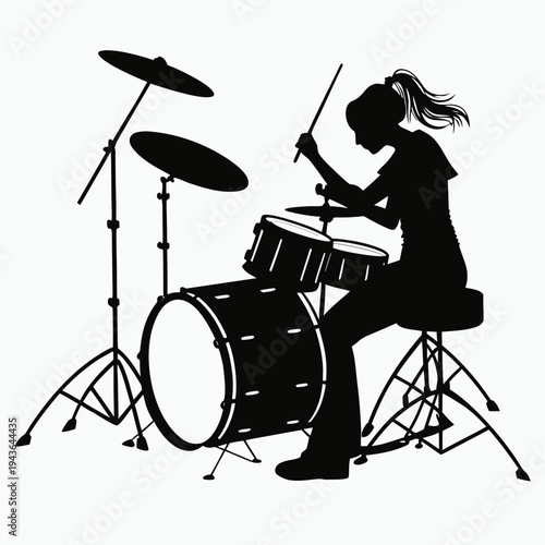 Dynamic black silhouette of a female drummer sitting at her drum set hitting the snare and bass drum while performing a solo in a minimal style art
