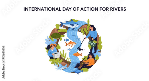 Illustration of people and animals around a winding river with lush greenery on International Day of Action for Rivers, promoting freshwater protection and river conservation awareness.