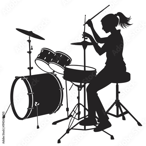 Minimalist silhouette representation of a female musician focused on playing the drums and cymbals capturing the essence of musicality and rhythmics