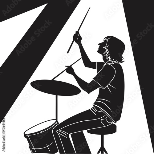Silhouette of male drummer playing drum set with drumsticks creating rhythmic beats on cymbals and snare drums for music performance live concert or studio recording session spotlight effect