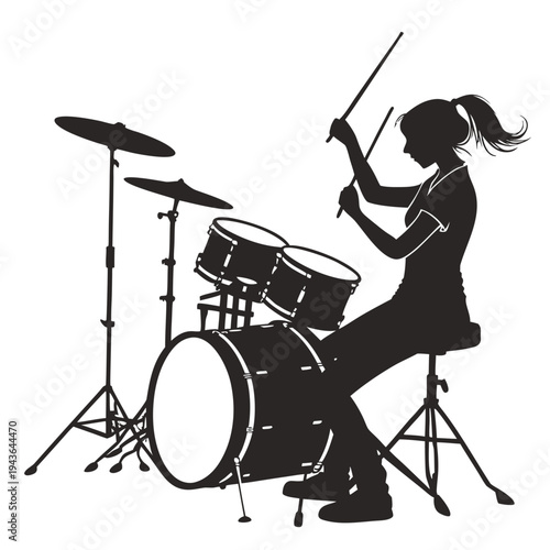 Illustrative silhouette of a girl playing drums with hair flying in the wind showing movement and rhythm during an intense rock music session at home