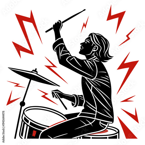 Silhouette of male drummer playing drum kit, musician performing with cymbals and drum, energetic lightning bolt background