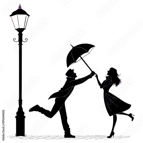 Couple embracing romantically under umbrella near street lamp in rain silhouette illustration