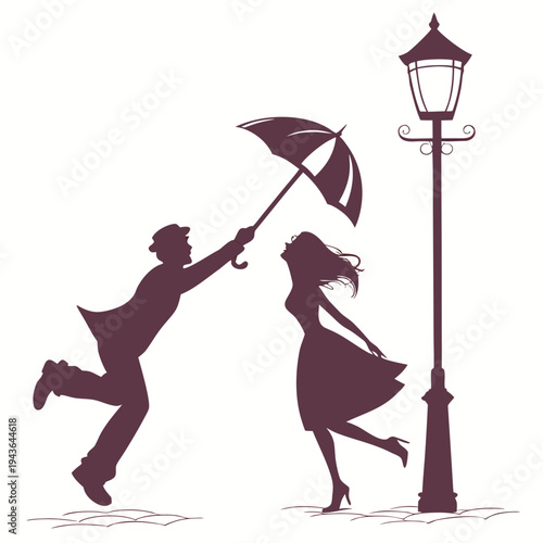 Silhouette of romantic couple under umbrella standing near vintage street lamp post in evening city park scenery vector illustration isolated on white
