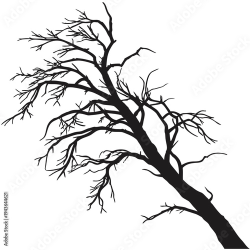 Vector silhouette of a tall dead tree with sparse branches, perfect for minimalist designs, halloween, or horror projects