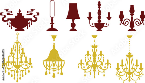 Vintage chandelier and decorative lamp silhouette collection with classic hanging lights, elegant interior lighting fixtures isolated vector illustration set