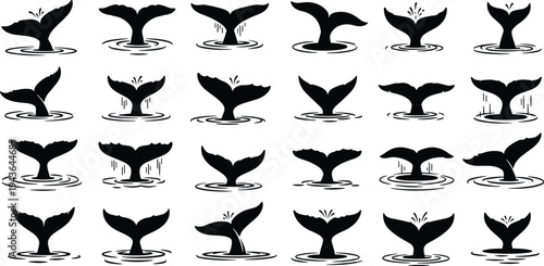 Whale tail silhouettes collection, humpback whale fluke diving in ocean water splash wildlife marine vector illustration set isolated