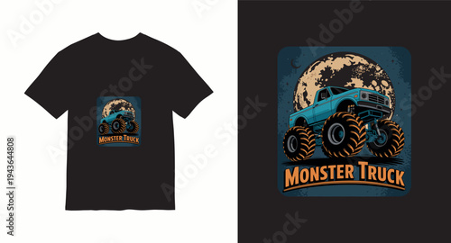 Blue monster truck with full moon graphic and stars