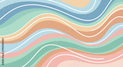 Colorful, wavy abstract design with pastel shades and white accents