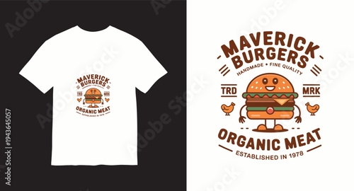 Maverick burgers organic meat character logo with funny burger mascot and quality stamp