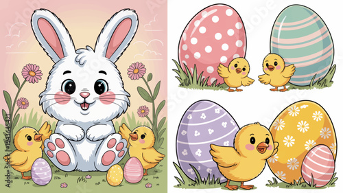 Easter bunny and chicks with decorated eggs in spring flowers and grass pastel colors